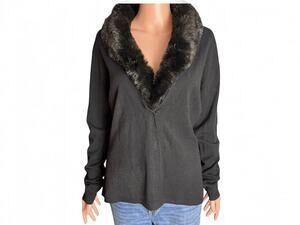 Women’s Black Cardigan Sweater Removable Faux Fur Collar Button Glam Evening S